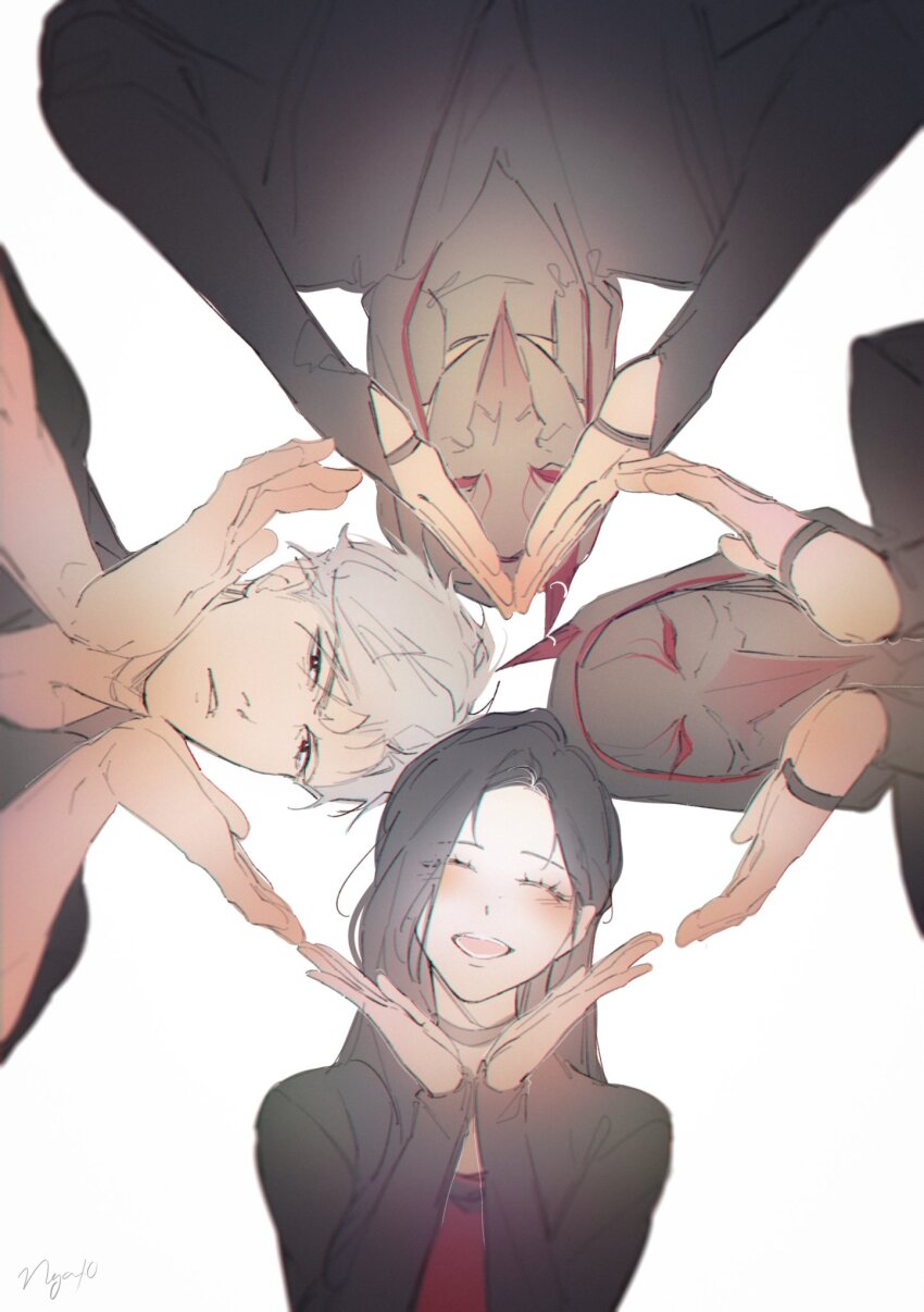 1girl, 3boys, bird_mask, blush, closed_eyes, happy, heart, heart_hands