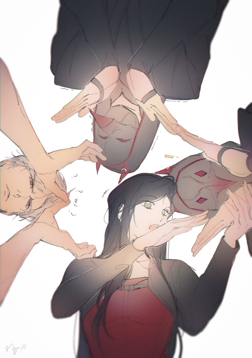 1girl, 3boys, bird_mask, brown_hair, green_eyes, heart, heart_hands, heart_hands_failure