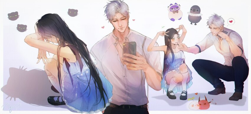 1boy, 1girl, belt, blue_dress, brown_hair, cat_shadow_puppet_(meme), closed_mouth, couple