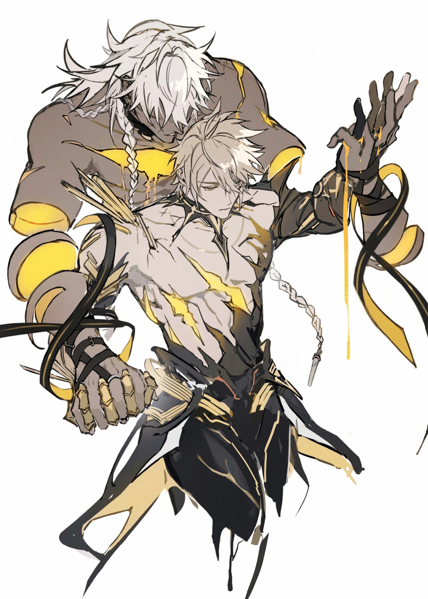 2boys, abs, arms_up, bandaged_arm, bandages, behind_another, blonde_hair, braid