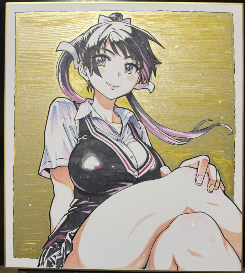 1girl, bare_legs, black_hair, black_skirt, blue_eyes, blush, breasts, colorized