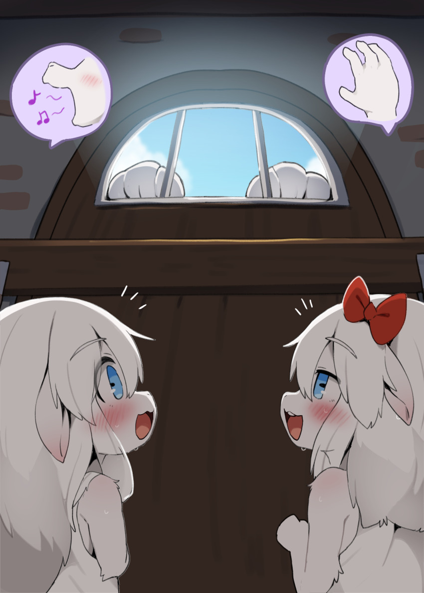 1boy, 2girls, :3, animal_ears, blue_eyes, blush, bow, commentary, dagasi, dress, english_commentary, furry, furry_female, goat_ears, goat_girl, hair_bow, highres, indoors, long_hair, multiple_girls, open_mouth, red_bow, speech_bubble, spoken_character, the_wolf_and_the_seven_young_goats, white_dress