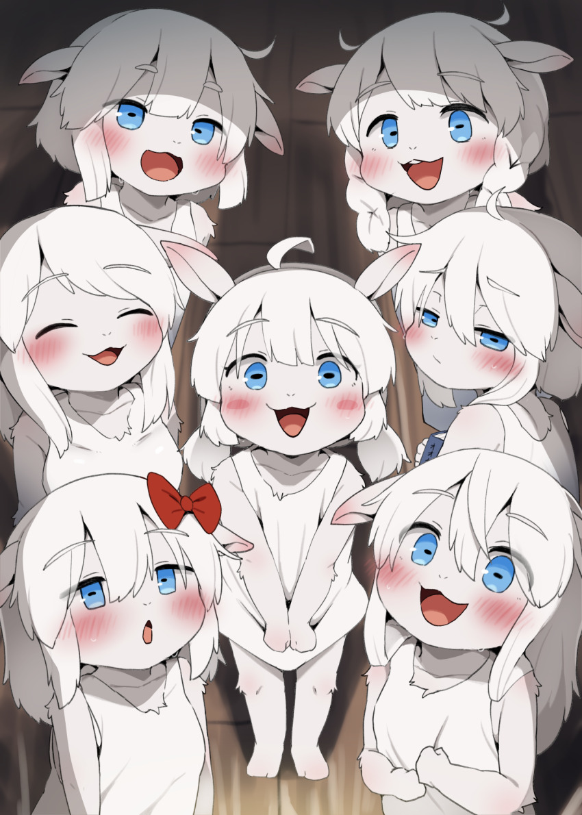 6+girls, animal_ears, blue_eyes, blush, bow, braid, closed_eyes, closed_mouth, commentary, dagasi, dress, english_commentary, furry, furry_female, goat_ears, goat_girl, hair_bow, highres, indoors, long_hair, multiple_girls, open_mouth, red_bow, short_hair, the_wolf_and_the_seven_young_goats, white_dress