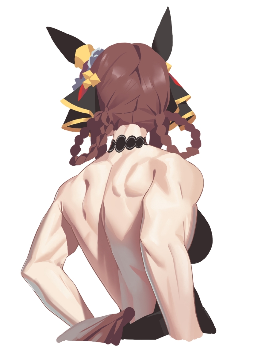 1girl, animal_ears, back, brown_hair, ear_covers, gentildonna_(umamusume), highres, horse_ears, horse_girl, horse_tail, muscular, muscular_female, solo, tail, tuomali, umamusume, white_background