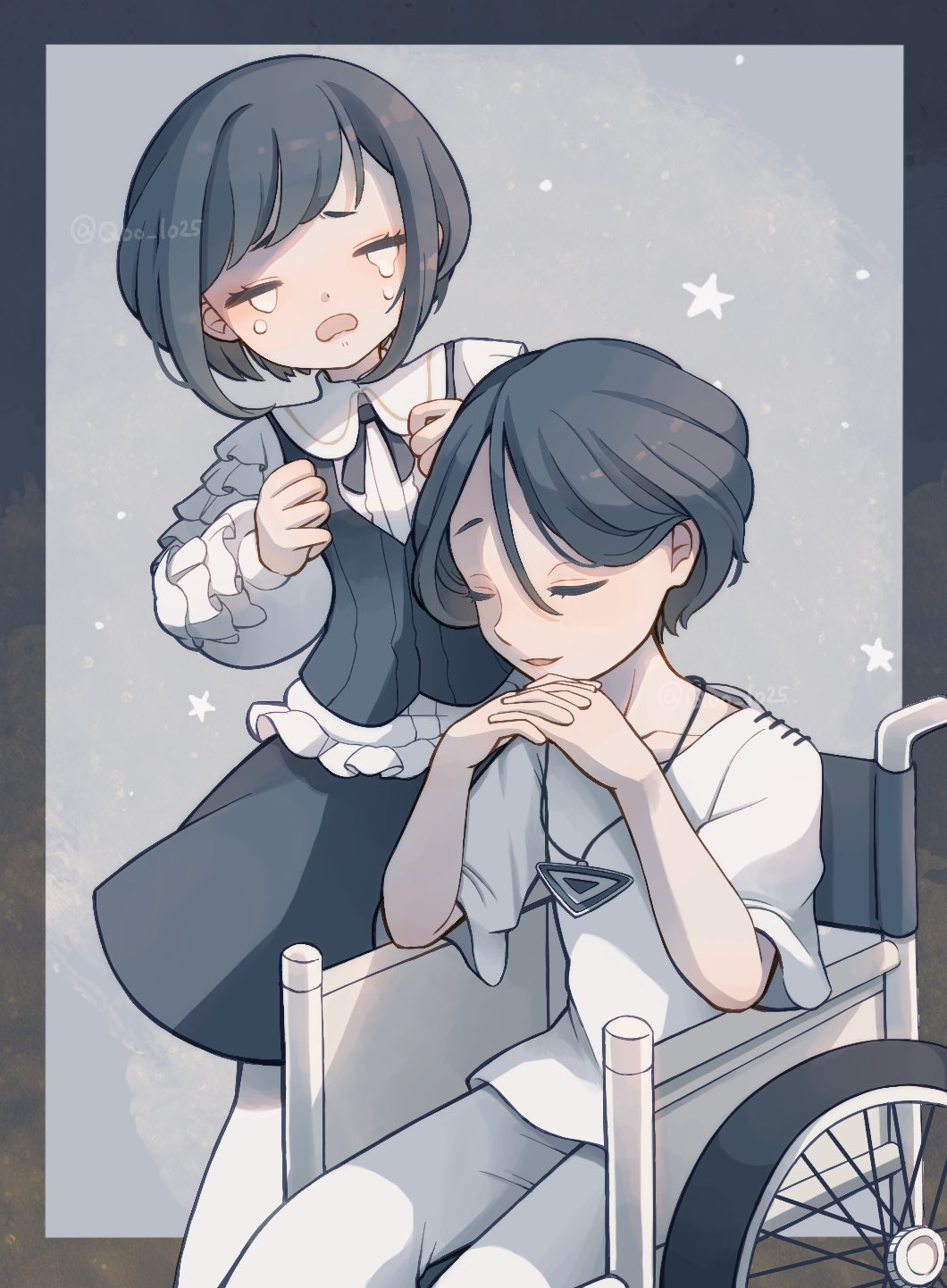 1boy, 1girl, blue_hair, blue_skirt, border, clenched_hands, closed_eyes, collared_shirt