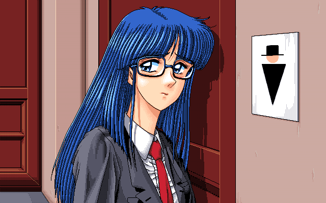 1990s_(style), 1995, blue_eyes, blue_hair, closed_mouth, dutch_angle, formal_clothes, glasses