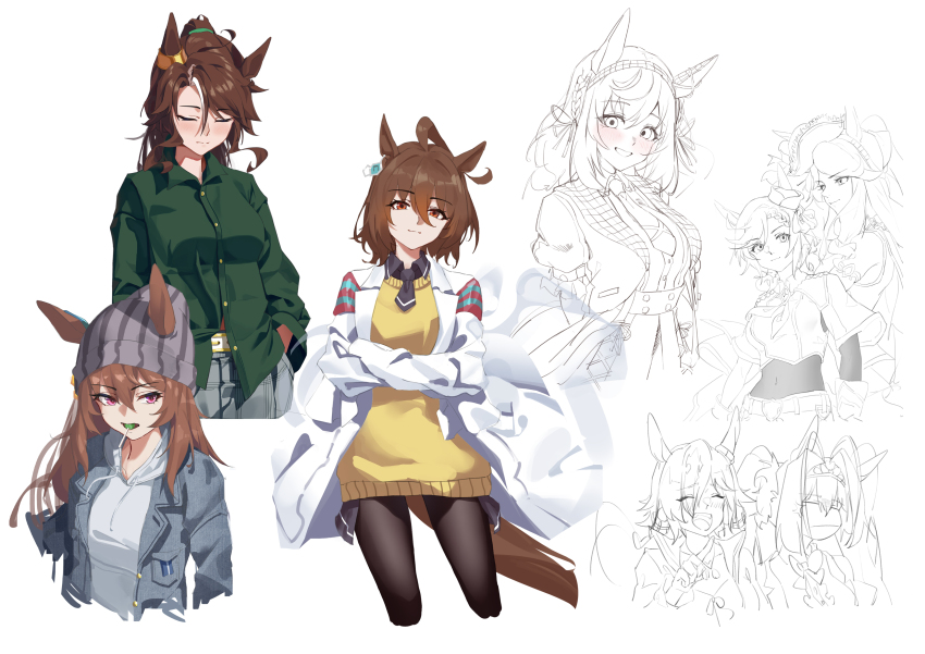 6+girls, absurdres, agnes_tachyon_(tach-nology)_(umamusume), agnes_tachyon_(umamusume), brown_hair, character_request, daiwa_scarlet_(umamusume), food_in_mouth, highres, horse_girl, lollipop, lollipop_in_mouth, mejiro_palmer_(casual)_(umamusume), mejiro_palmer_(umamusume), multiple_girls, nakayama_festa_(casual)_(umamusume), nakayama_festa_(umamusume), open_mouth, pink_hair, red_eyes, smile, tuomali, umamusume, vodka_(umamusume), white_background, yellow_sweat