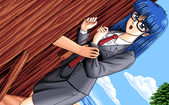 1990s_(style), 1995, blue_eyes, blue_hair, dutch_angle, formal_clothes, glasses, hoshi_no_suna_monogatari_3