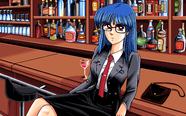 1990s_(style), 1995, 1girl, blue_eyes, blue_hair, closed_mouth, formal_clothes, glasses