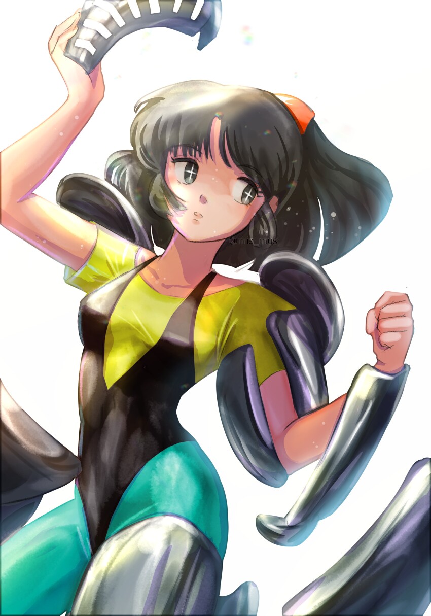 1girl, absurdres, arm_up, armor, black_eyes, black_hair, black_leotard, breasts