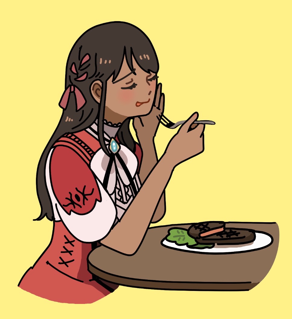 1girl, brown_hair, cowenna, dark-skinned_female, dark_skin, dress, eating, food