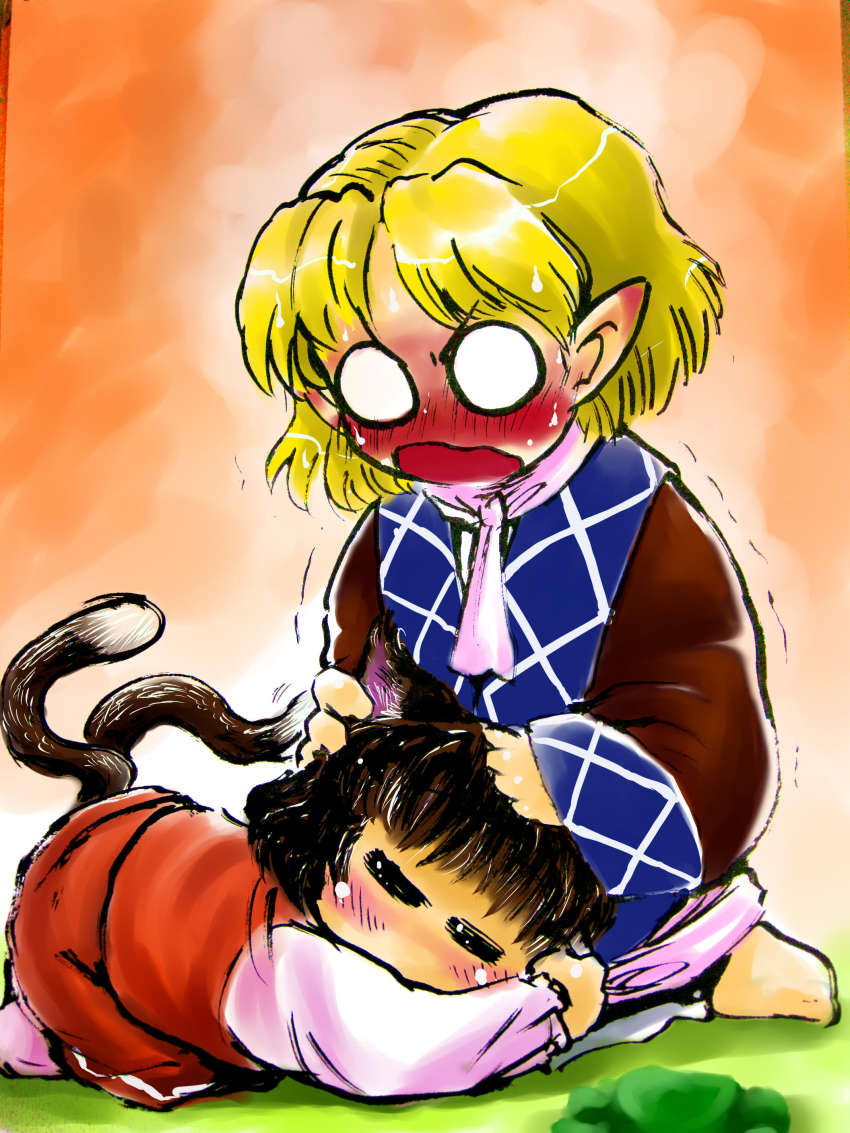 2girls, =_=, absurdres, animal_ears, blonde_hair, blush, brown_hair, cat_ears