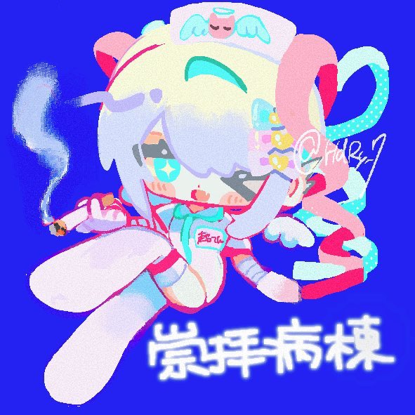 :d, angel_print, bandaged_arm, bandages, blonde_hair, blue_background, blue_hair, blush