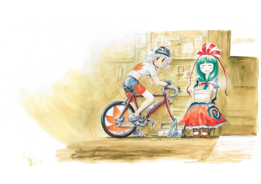 2girls, bicycle, bike_shorts, bulletin_board, casual, closed_eyes, exercise_bike, female_focus