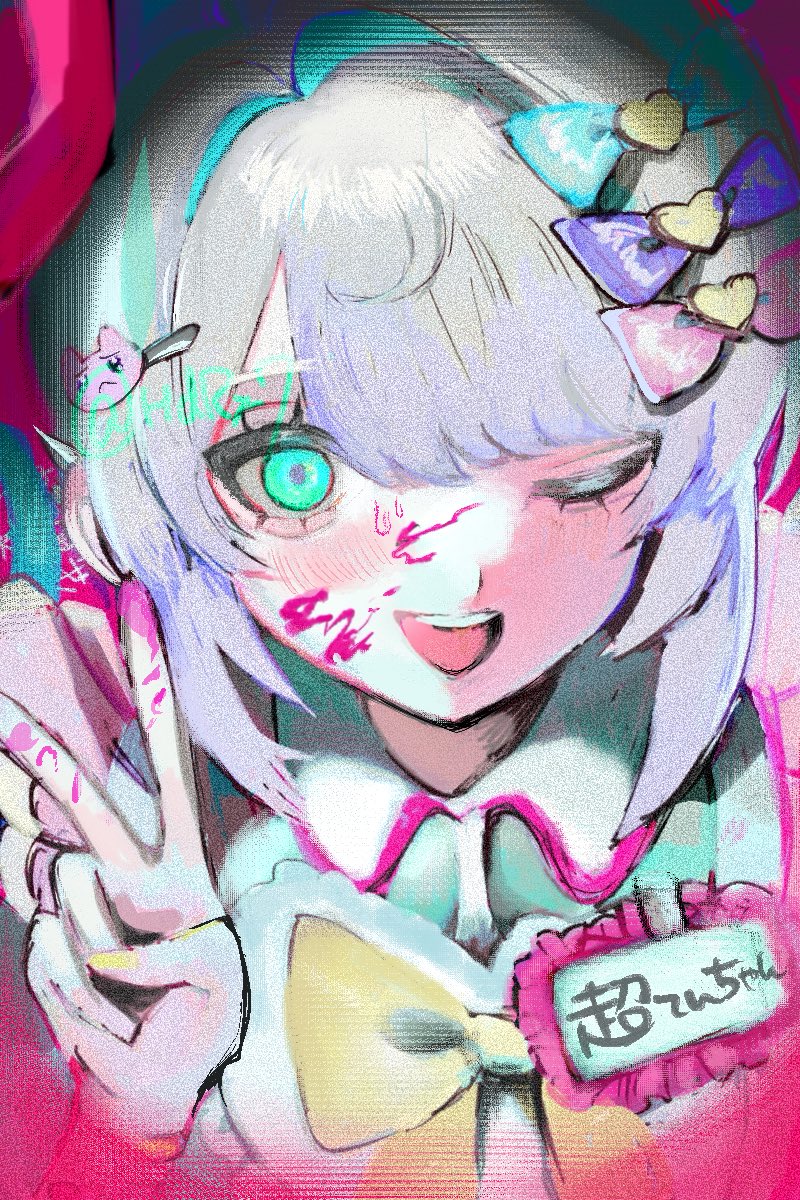 1girl, ;d, blonde_hair, blood, blood_on_face, blood_on_hands, blue_serafuku, bow