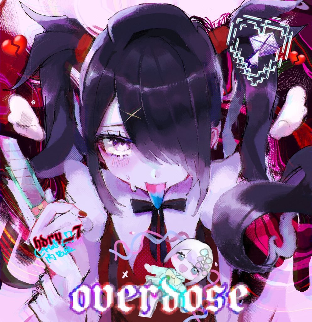 1girl, :d, ame-chan_(needy_girl_overdose), black_hair, blonde_hair, blue_eyes, blue_hair, blue_serafuku, blue_tongue, bow, boxcutter, character_doll, chest_bow, chibi, chouzetsusaikawa_tenshi-chan, colored_tongue, cursor, doll, drawn_wings, english_text, hair_bow, hair_ornament, hair_over_one_eye, hand_on_own_wrist, holding, holding_boxcutter, looking_at_viewer, multiple_hair_bows, naishukketsukata, needy_girl_overdose, open_mouth, pink_hair, purple_eyes, quad_tails, reaching, reaching_towards_viewer, red_nails, school_uniform, serafuku, short_twintails, sidelocks, smile, sweat, twintails, upper_body, x_hair_ornament