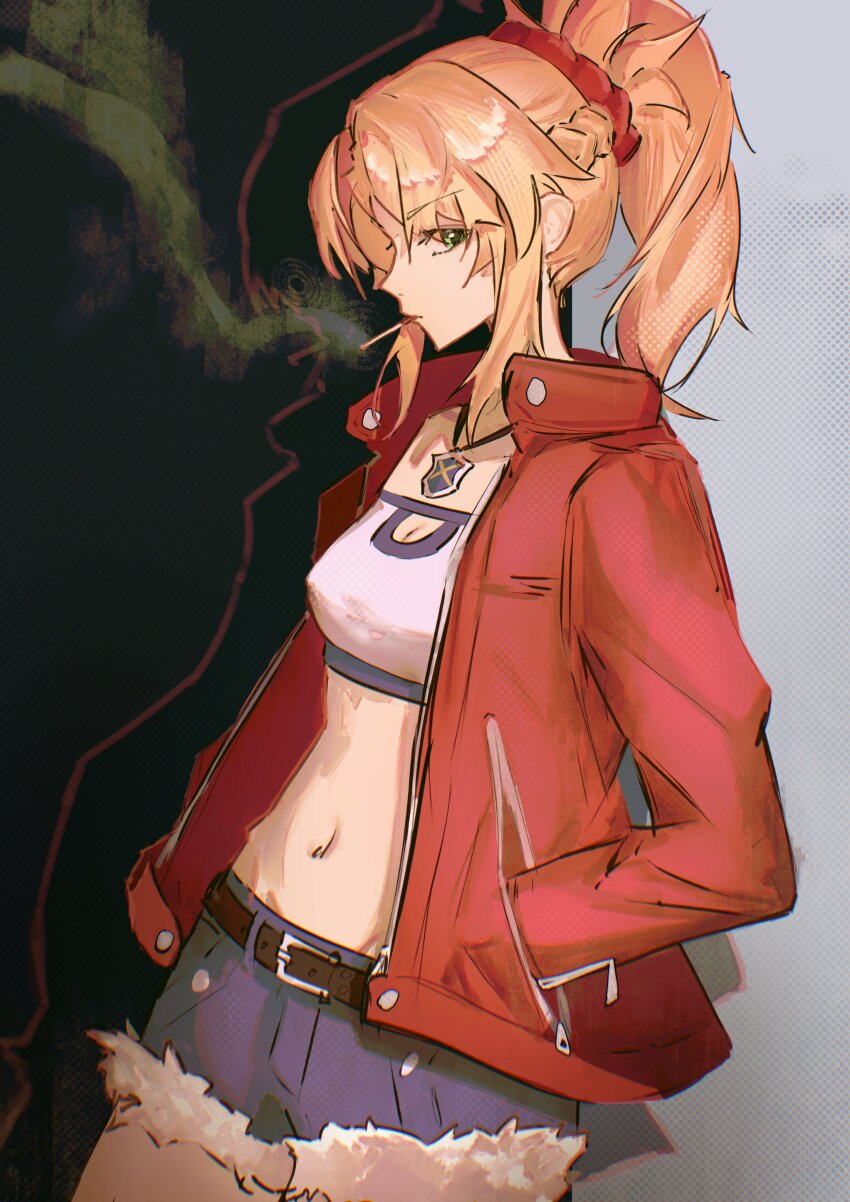 1girl, absurdres, among_us_eyes_(meme), bandeau, belt, blonde_hair, breasts, cowboy_shot, denim, denim_shorts, fate/apocrypha, fate_(series), from_side, hands_in_pockets, highres, jacket, jewelry, long_hair, long_sleeves, looking_at_viewer, meme, midriff, mordred_(fate), mordred_(fate/apocrypha), mordred_(memories_at_trifas)_(fate), navel, open_clothes, open_jacket, peemy, pendant, ponytail, red_jacket, red_scrunchie, scrunchie, short_shorts, shorts, small_breasts, smoking, solo, standing