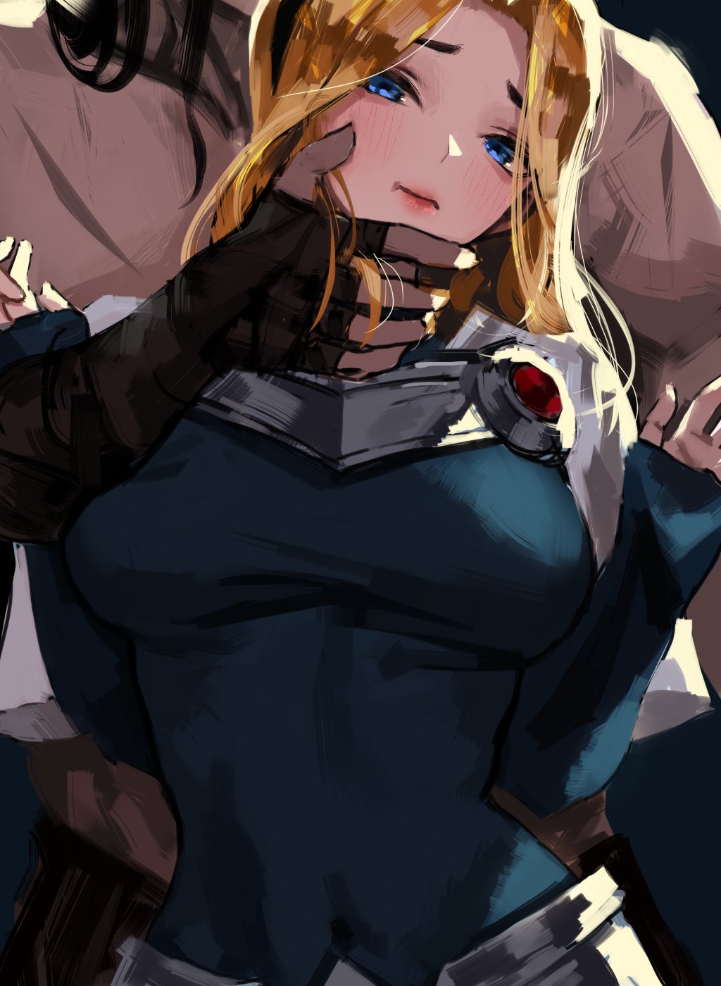 1boy, 1girl, armor, black_bodysuit, blonde_hair, blue_eyes, blush, bodysuit