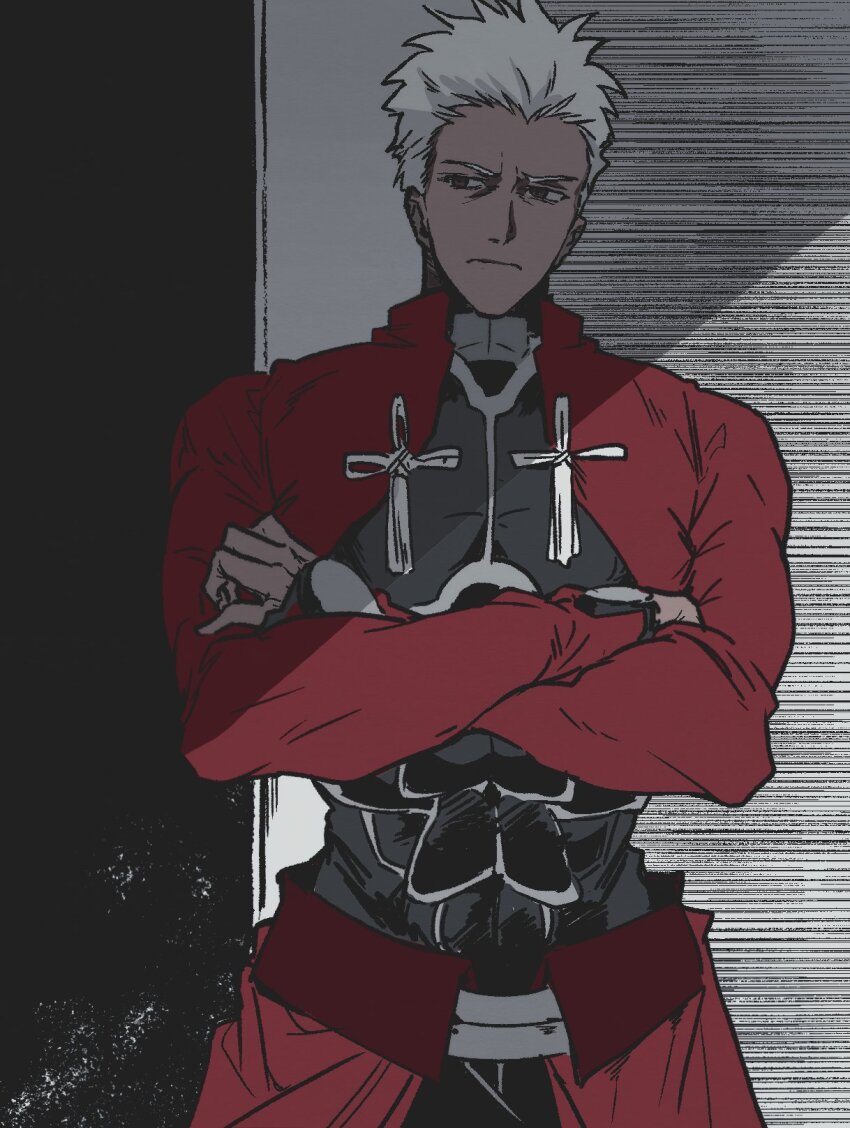 1boy, archer_(fate), armor, coat, crossed_arms, dark-skinned_male, dark_skin, fate/stay_night