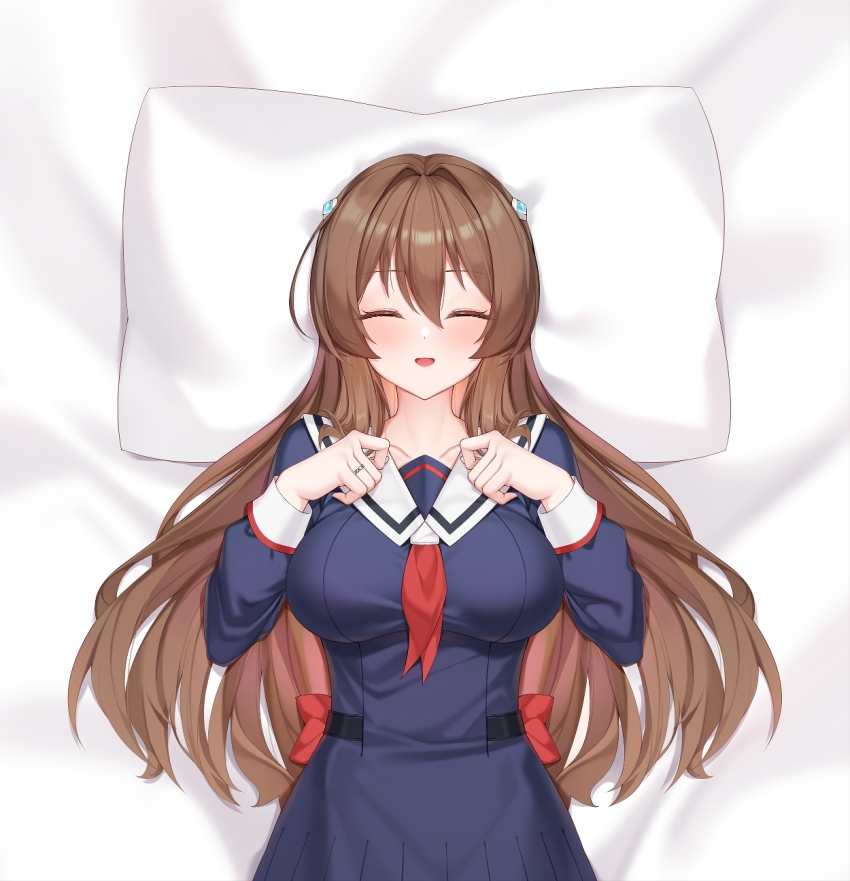 1girl, 71150521_(user_agrk2888), bed_sheet, blue_dress, blush, bow, breasts, brown_hair