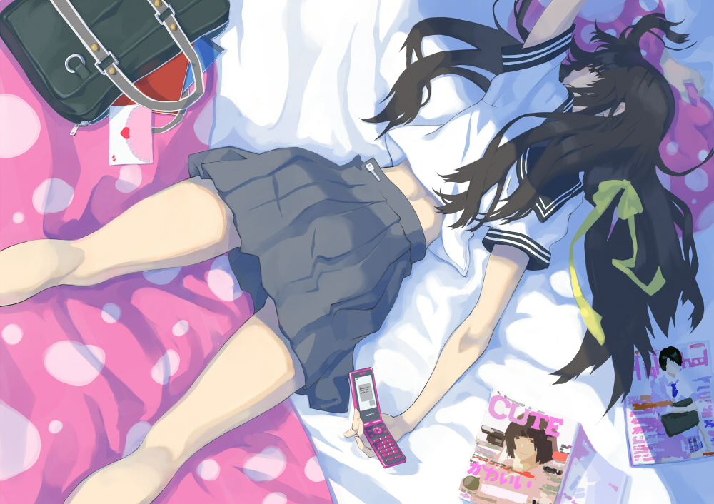 1girl, ai[sora], bad_proportions, bag, brown_hair, cellphone, female_focus, hair_ribbon, long_hair, lying, magazine_(object), md5_mismatch, on_stomach, original, phone, ribbon, school_bag, school_uniform, solo