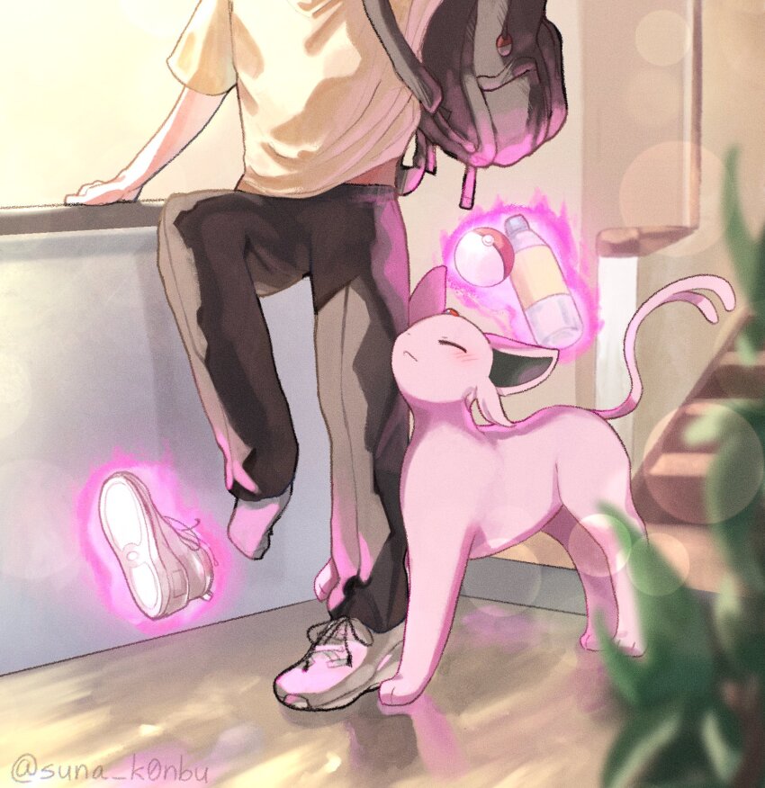 1other, artist_name, backpack, bag, black_bag, black_pants, bottle, closed_eyes