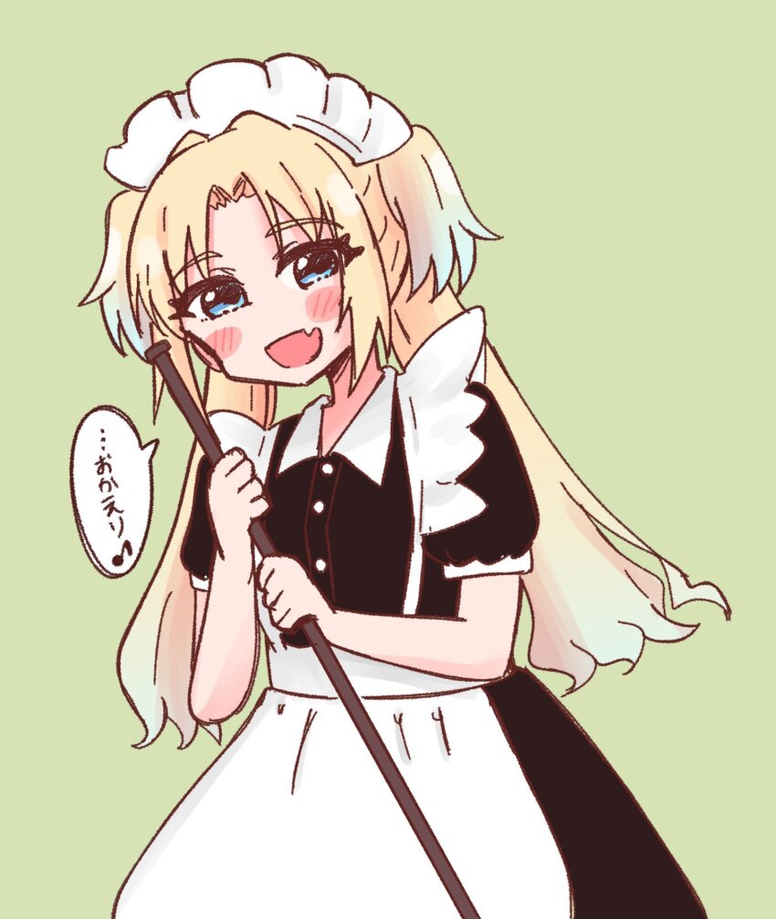 1girl, :d, alternate_costume, amado_(amaddo_club), apron, black_dress, blonde_hair, blue_eyes