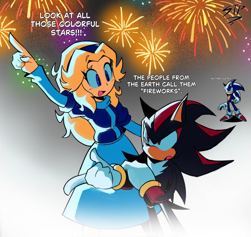 1girl, 2boys, aerial_fireworks, blonde_hair, blue_eyes, fireworks, furry, furry_male, gloves, highres, looking_at_another, maria_robotnik, mixed-language_text, multiple_boys, neimsteps, red_eyes, shadow_the_hedgehog, signature, sonic_(series), sonic_the_hedgehog, white_gloves