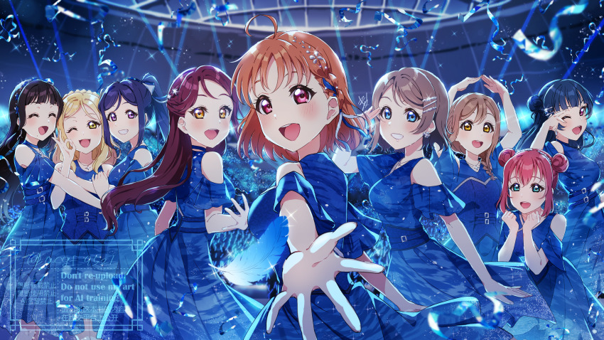 6+girls, :d, ;d, absurdres, ahoge, aqours_finale_lovelive!_~eikyuu_stage~, aqua_eyes, bare_shoulders