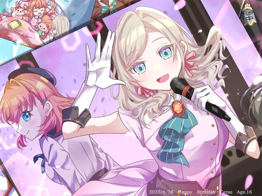 2girls, :d, ^_^, aqua_neckerchief, ascot, blue_eyes, breasts, ceras_yanagida_lilienfeld