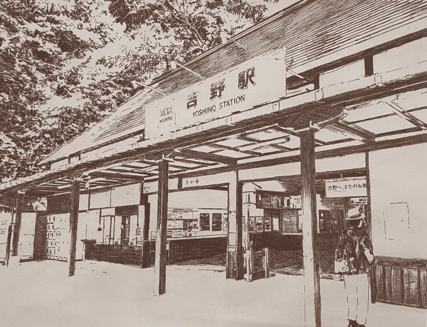 1boy, architecture, backpack, bag, ballpoint_pen_(medium), building, commentary_request, crosshatching