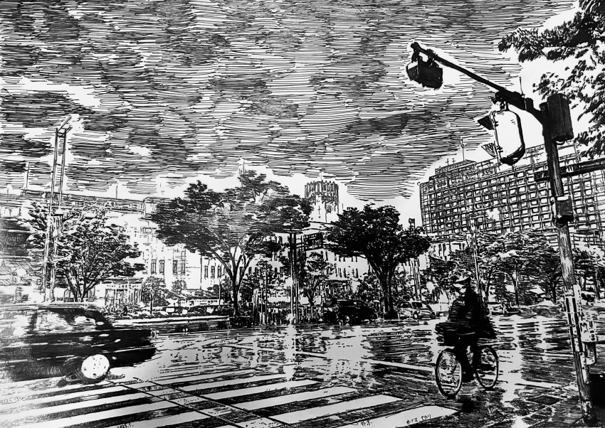 absurdres, ambiguous_gender, ballpoint_pen_(medium), bicycle, building, car, city, commentary_request, greyscale, hatching_(texture), highres, japan, kyoto, monochrome, motor_vehicle, original, pen_(medium), real_world_location, riding, riding_bicycle, road, scenery, street, traditional_media, traffic_light, tree, user_nnxt5288
