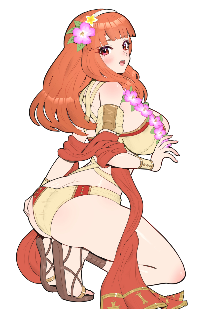 1girl, absurdres, ass, bare_shoulders, bikini, blunt_bangs, blush, breasts, brown_bikini, butt_crack, celica_(fire_emblem), celica_(summer)_(fire_emblem), cleavage, fire_emblem, fire_emblem_echoes:_shadows_of_valentia, fire_emblem_heroes, flower, flower_hairband, flower_necklace, gonzarez, hair_flower, hair_ornament, hairband, highres, jewelry, large_breasts, lei, looking_at_viewer, necklace, nintendo, official_alternate_costume, open_mouth, priestess, red_eyes, red_hair, red_sash, red_shawl, sandals, sash, shawl, sideboob, simple_background, smile, solo, swimsuit, white_background