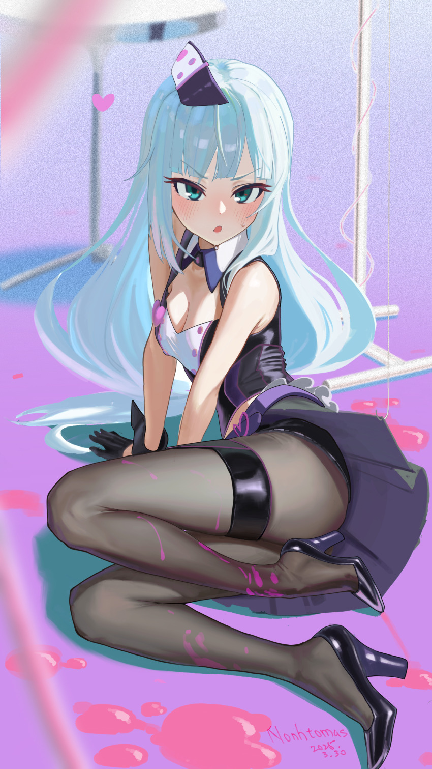 1girl, absurdres, arm_support, artist_name, black_gloves, black_pantyhose, black_shoes, black_wrist_cuffs