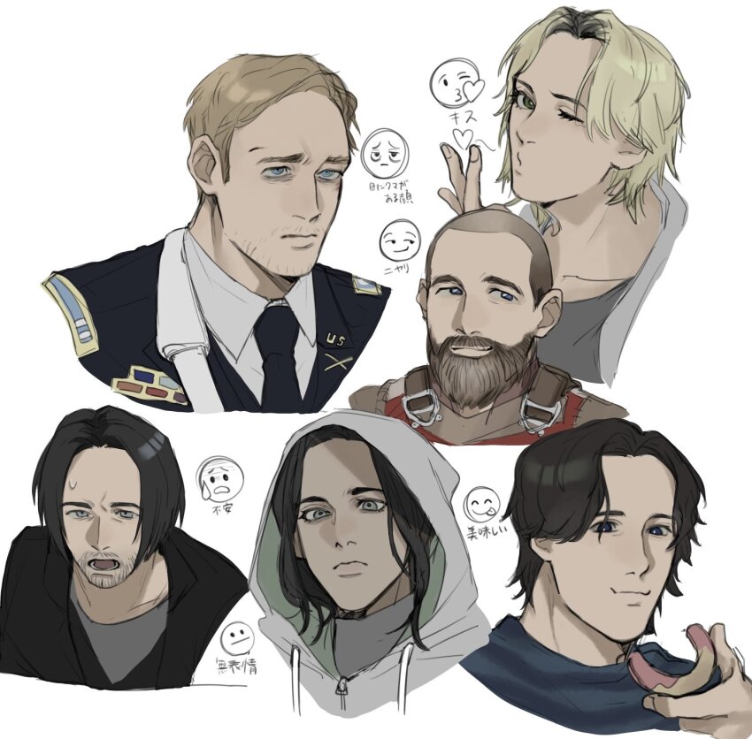 2girls, 4boys, animification, beard, black_eyes, black_hair, black_jacket, black_necktie, blonde_hair, blue_eyes, blue_shirt, bodysuit, brown_eyes, brown_hair, bucky_barnes, closed_mouth, collarbone, collared_shirt, commentary_request, dark-skinned_female, dark_skin, donut, eating, facial_hair, father_and_child, father_and_daughter, fingernails, food, from_side, g_wee2, ghost_(marvel), grey_eyes, grey_shirt, hand_up, heart, highres, holding, holding_donut, holding_food, hood, hoodie, jacket, john_walker_(marvel), lapels, lips, looking_afar, looking_at_food, looking_at_viewer, looking_down, marvel, military_jacket, military_uniform, multiple_boys, multiple_girls, necktie, one_eye_closed, open_clothes, open_jacket, open_mouth, parent_and_child, pink_donut, red_bodysuit, red_guardian_(marvel), sentry_(marvel), shirt, short_hair, sidelocks, simple_background, smile, striped_clothes, striped_shirt, superhero_costume, t-shirt, teeth, thunderbolts_(movie), upper_body, white_background, white_hoodie, white_shirt, yelena_belova, zipper