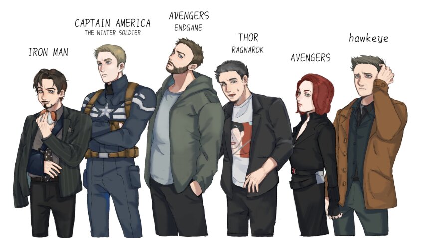 1girl, 5boys, animification, arm_sling, avengers:_endgame, avengers_(series), beard, belt, black_belt, black_bodysuit, black_gloves, black_hair, black_jacket, black_necktie, black_pants, black_shirt, black_widow, blonde_hair, blue_bodysuit, blue_eyes, bodysuit, brown_belt, brown_eyes, brown_gloves, brown_hair, brown_jacket, bruce_banner, burger, buttons, captain_america, captain_america:_the_winter_soldier, captain_america_(series), clint_barton, closed_mouth, collared_shirt, commentary_request, copyright_name, cowboy_shot, crossed_arms, eating, english_text, facial_hair, fingerless_gloves, food, formal_clothes, from_side, g_wee2, gloves, green_eyes, green_hoodie, green_pants, grey_hair, grey_shirt, hand_in_pocket, hand_on_own_head, hand_up, hawkeye_(disney+), heterochromia, highres, holding, holding_burger, holding_food, hood, hoodie, iron_man_(2008), iron_man_(series), jacket, lapels, looking_afar, looking_at_viewer, looking_up, marvel, multiple_boys, natasha_romanoff, necktie, open_clothes, open_hoodie, open_jacket, open_mouth, pants, pocket, polka_dot_necktie, red_hair, scar, scar_across_eye, scar_on_face, shirt, short_hair, simple_background, standing, star_(symbol), steve_rogers, striped_clothes, striped_jacket, suit, suit_jacket, superhero_costume, sweatdrop, t-shirt, the_avengers_(2012), thor:_ragnarok, thor_(marvel), thor_(marvel)_(series), tony_stark, vertical-striped_clothes, vertical-striped_jacket, white_background, white_shirt, zipper