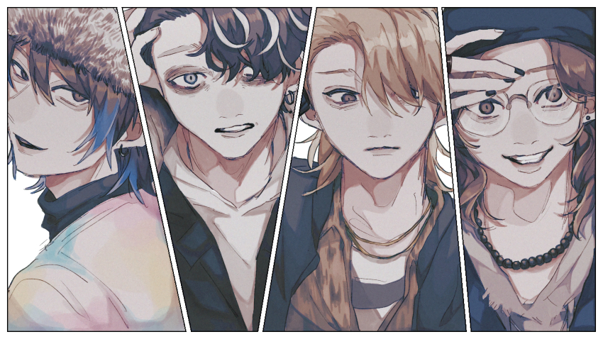4boys, adam's_apple, aegyo_sal, akune_rindo, animal_print, arima_seigen, asymmetrical_bangs, asymmetrical_hair