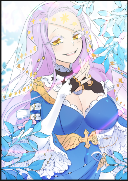 1girl, black_gloves, blue_dress, breasts, cardinal_(ragnarok_online), cleavage, cleavage_cutout, clothing_cutout