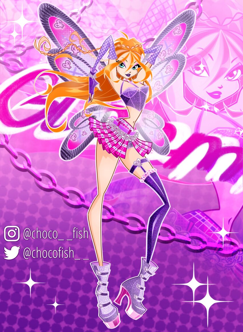 1girl, ahoge, alternate_costume, aqua_eyes, arms_behind_back, bad_id, bad_twitter_id, bare_shoulders, believix, belt, bloom_(winx_club), boots, braid, chain_belt, character_name, chocofish, commentary, crop_top, crown_braid, dark_bloom_(winx_club), detached_sleeves, english_commentary, eyelashes, eyeshadow, fairy, fairy_wings, fingerless_gloves, fishnet_sleeves, fishnets, floating_hair, frilled_thighhighs, frills, full_body, gloves, gradient_background, hair_between_eyes, halftone, halftone_background, happy, high_heel_boots, high_heels, highres, instagram_username, lipstick, long_hair, long_hair_between_eyes, magical_girl, makeup, midriff, miniskirt, navel, orange_hair, outline, parted_lips, pink_background, pink_skirt, pink_wings, plaid_clothes, plaid_skirt, pleated_skirt, pun, purple_background, purple_boots, purple_eyeshadow, purple_gloves, purple_lips, purple_shirt, purple_shorts, purple_sleeves, purple_thighhighs, ribbed_thighhighs, shirt, short_shorts, shorts, shorts_under_skirt, side_slit, single_braid, skirt, skull, smile, solo, sparkle, standing, thigh_belt, thigh_strap, thighhighs, twitter_username, very_long_hair, watermark, white_outline, wings, winx_club, zoom_layer