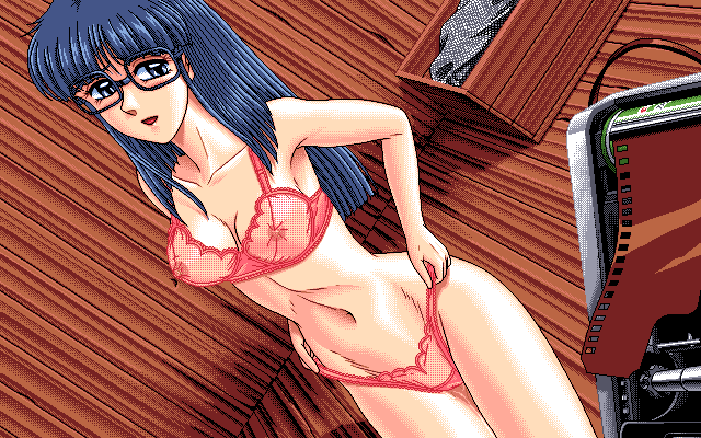 1990s_(style), 1995, 1girl, blue_eyes, blue_hair, blush, breasts, clothing_aside