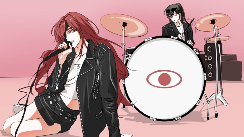 1boy, 1girl, apt._(rose_&amp;_bruno_mars), black_jacket, black_skirt, brown_hair, drum, drum_set, drumsticks, eye_print, eye_symbol, eyepatch, highres, holding, holding_drumsticks, holding_microphone, hwa_ryun, instrument, jacket, jyu_viole_grace, long_hair, long_sleeves, looking_at_viewer, microphone, miniskirt, music, one_eye_covered, original, parody, pink_background, playing_instrument, red_eyes, red_hair, sanasanase, shirt, singing, skirt, stage, sunglasses, thighs, tower_of_god, twenty-fifth_bam, white_shirt