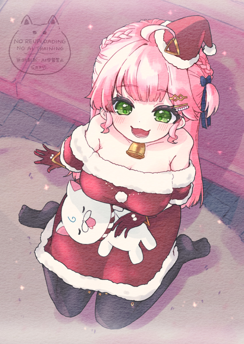 1girl, 35p_(sakura_miko), :d, ahoge, amari_(ama_shiiiiiiba), bare_shoulders, bell, black_pantyhose