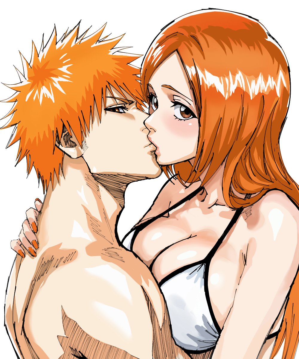 1boy, 1girl, bare_shoulders, bikini, bleach, breasts, brown_eyes, highres