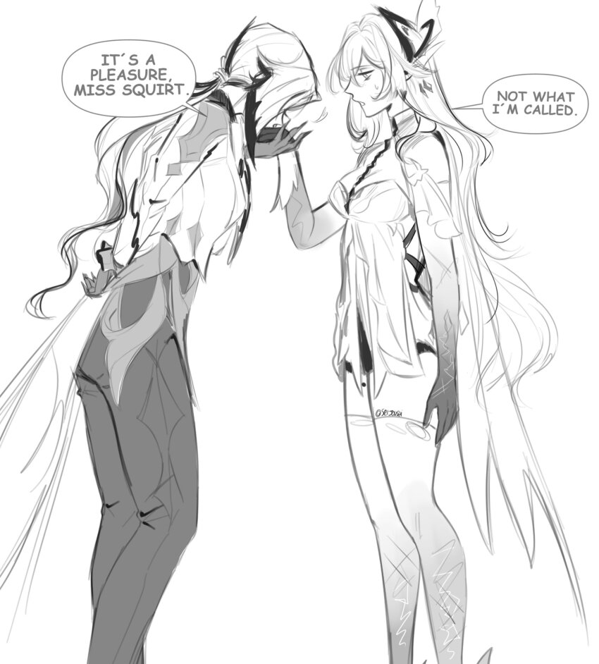 2girls, arlecchino_(genshin_impact), arm_behind_back, colored_extremities, commentary, english_text, genshin_impact, greyscale, highres, kiss, kissing_hand, long_hair, meme, monochrome, multiple_girls, not_what_i'm_called_(meme), pants, seijousai, signature, skirk_(genshin_impact), untranslatable_commentary, very_long_hair