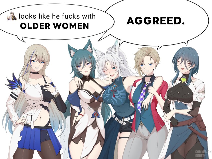 5girls, animal_ear_fluff, animal_ears, bare_shoulders, black_choker, black_gloves, blonde_hair, blue_eyes, blue_hair, breasts, centauri-d, choker, cleavage, earrings, english_text, feixiao_(honkai:_star_rail), fox_ears, fox_girl, fox_tail, gloves, green_hair, hair_between_eyes, hair_ornament, halo, highres, honkai:_star_rail, honkai_(series), jacket, jewelry, large_breasts, long_hair, long_sleeves, meme, mole, mole_under_mouth, multicolored_hair, multiple_girls, natasha_(honkai:_star_rail), necktie, open_mouth, pants, purple_eyes, red_jacket, serval_landau, she_looks_like_she_fucks_human_men_(meme), shirt, short_hair, simple_background, siobhan_(honkai:_star_rail), smile, speech_bubble, streaked_hair, tail, white_hair, yukong_(honkai:_star_rail)