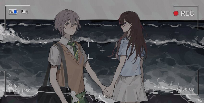 2girls, bang_dream!, bang_dream!_it's_mygo!!!!!, battery_indicator, blue_shirt, brown_hair, brown_sweater_vest, commentary