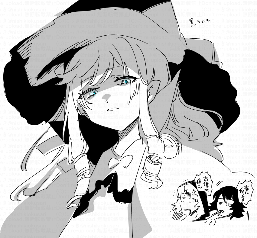 1girl, 2boys, absurdres, blood, blood_from_mouth, blue_eyes, bow, character_request