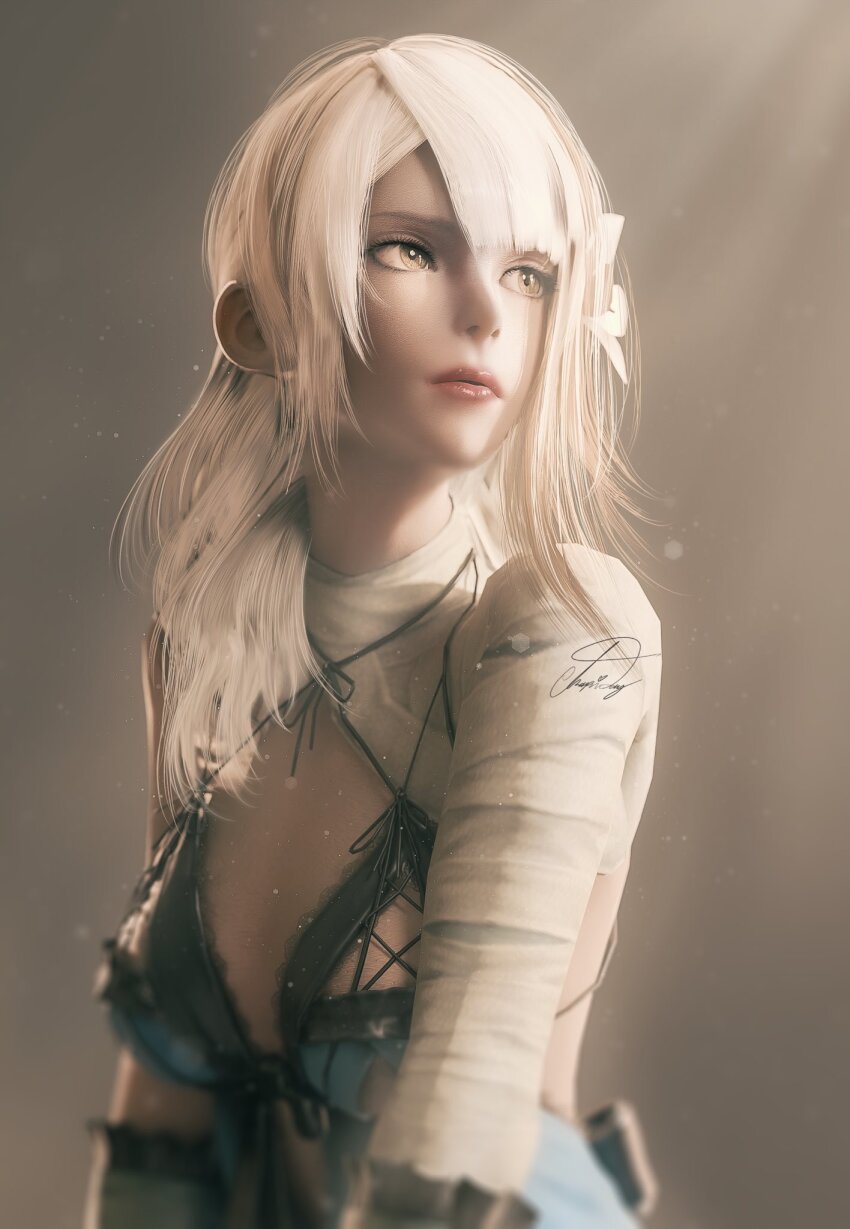 1girl, 3d, alternate_hairstyle, asymmetrical_bangs, bandaged_arm, bandaged_neck, bandages, blender_(medium), closed_mouth, devy_(hapidevy), flower, hair_flower, hair_ornament, highres, kaine_(nier), lingerie, negligee, nier, nier_(series), parted_bangs, signature, solo, underwear