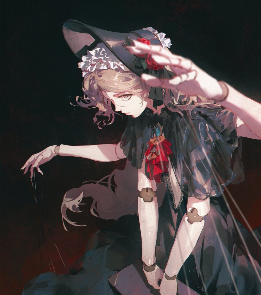 1girl, absurdres, ascot, bella_(silver_and_blood), black_background, black_bonnet, black_capelet, black_dress, blonde_hair, blue_gem, bonnet, capelet, character_request, dino_(dinoartforame), doll_joints, dress, extra_arms, gem, grey_eyes, highres, joints, looking_at_viewer, medium_hair, puppet_strings, red_ascot, red_background, silver_and_blood, solo, string, two-tone_background