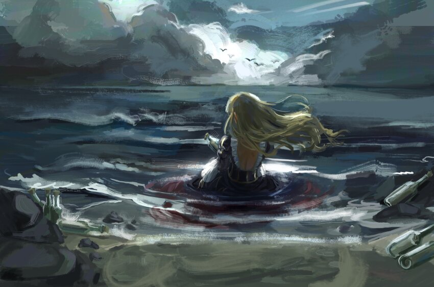 1girl, absurdres, backless_dress, backless_outfit, beach, beatrice_(umineko), blonde_hair, commentary